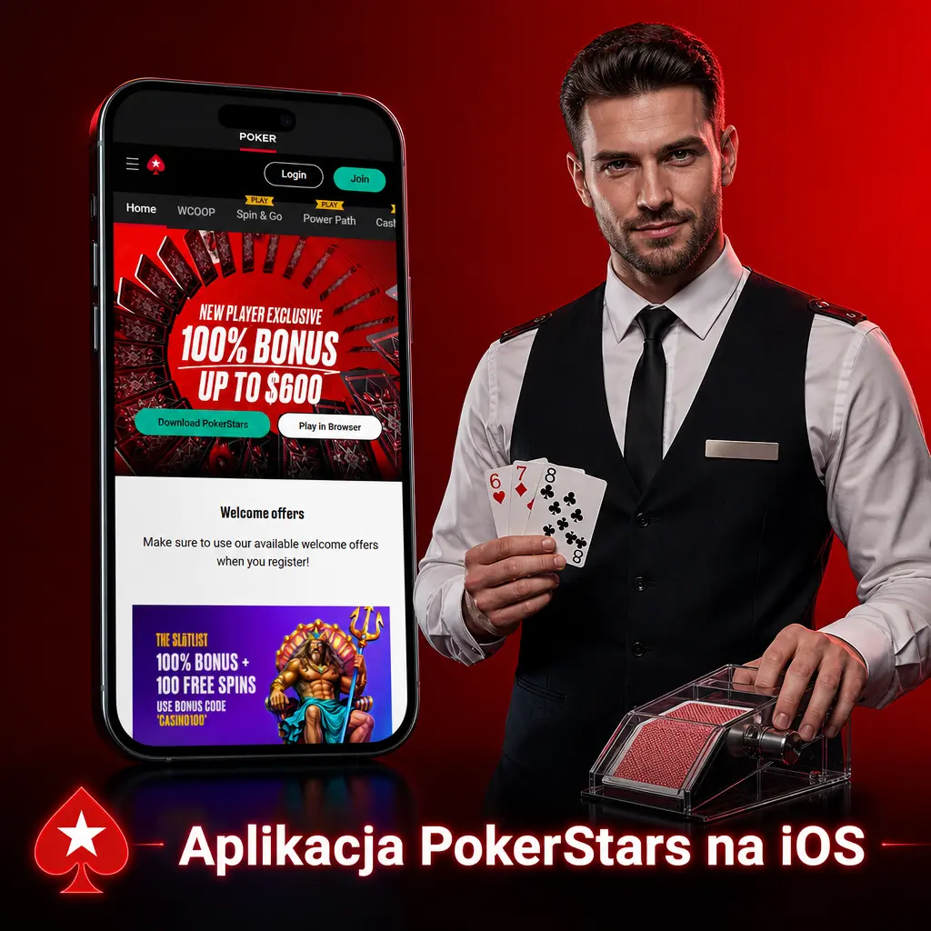 Aplikacja PokerStars na iOS – ikona na ekranie iPhone i iPad, zakłady sportowe LIVE i kasyno na żywo