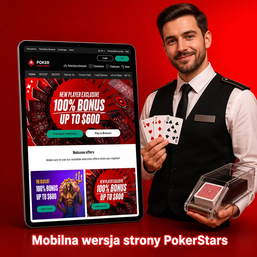 Mobilna wersja strony PokerStars w przeglądarce smartfona z dostępem do zakładów sportowych i kasyna bez instalacji.